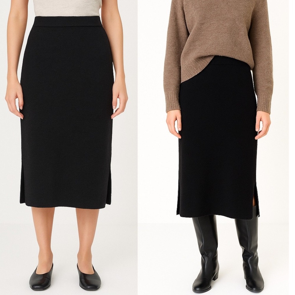 CYRUS Black Sweater Knit Midi Skirt Size Large Slit Pull-On Stretch Holiday Work